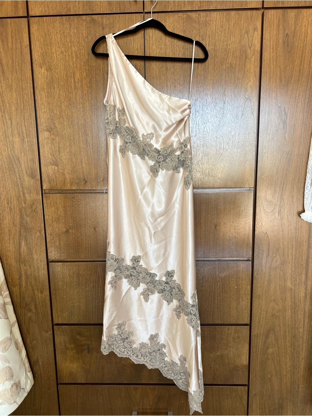 Asymmetric Champagne / Gold Satin Slip Dress with Lace Appliqué
